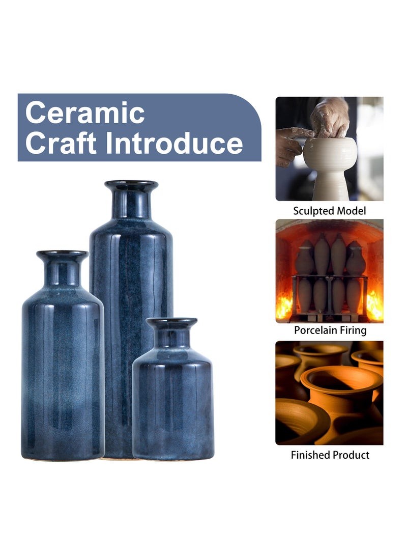 Mowtanco Mowtanco Blue Ceramic Vase Set of 3 Small Vases  Modern Farmhouse for Home Decor Bottles  Rustic Terracotta Vase Decorative Vases for Table Fireplaces Decor  Bookshelf  Living Room  - Image 4
