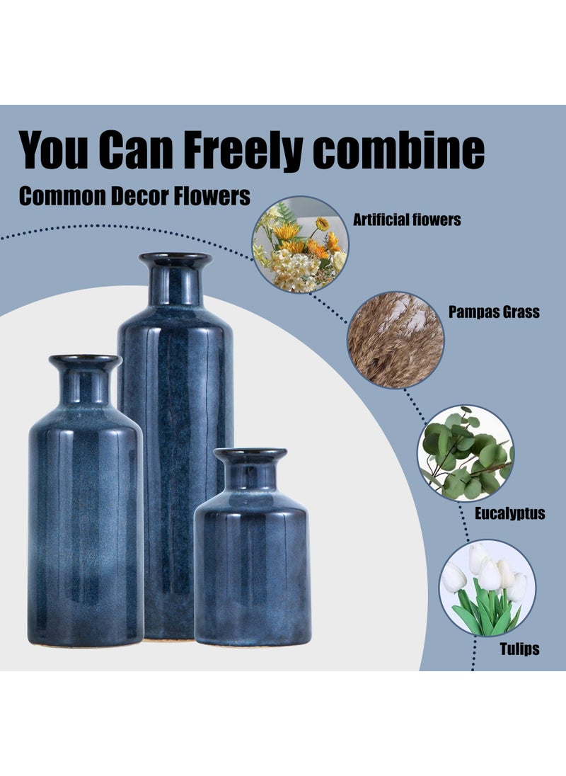 Mowtanco Mowtanco Blue Ceramic Vase Set of 3 Small Vases  Modern Farmhouse for Home Decor Bottles  Rustic Terracotta Vase Decorative Vases for Table Fireplaces Decor  Bookshelf  Living Room  - Image 3