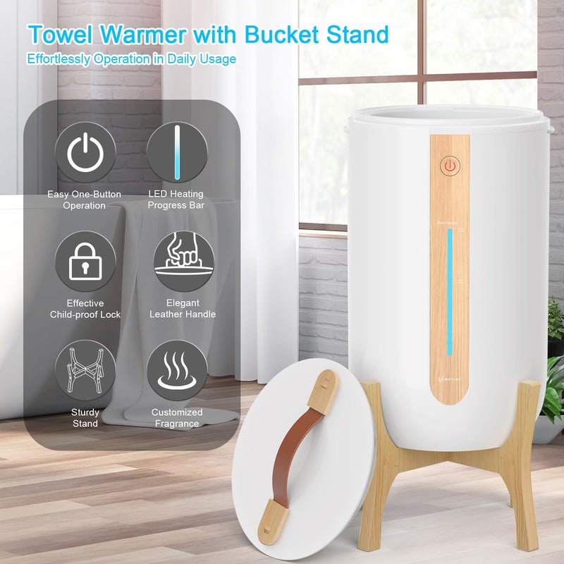 Keenray Towel Warmer for Bathroom with Wooden Stand, Towel Warmer Bucket with Heating Progress Bar, Fragrant Disc Holder, Auto Shut-Off Towel Bucket Fits Up to Two 40" x 70" Oversized Towels - Image 2