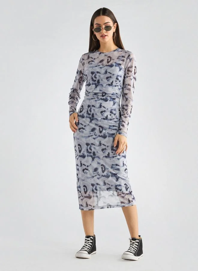 Splash FAV Printed Bodycon Dress with Long Sleeves and Slit Detail