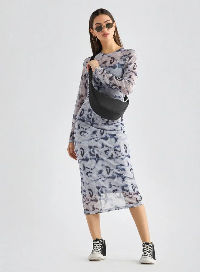 Splash FAV Printed Bodycon Dress with Long Sleeves and Slit Detail