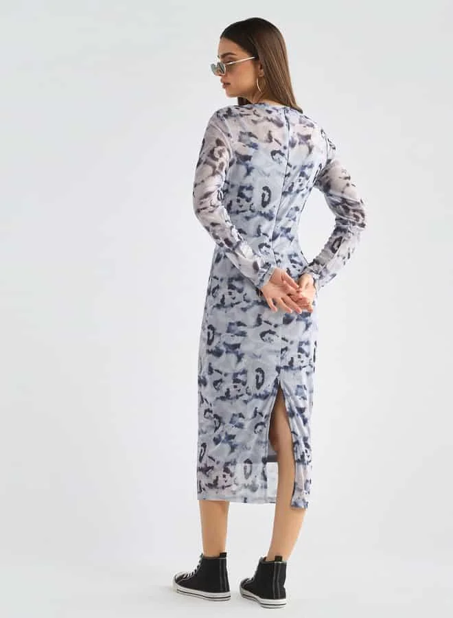 Splash FAV Printed Bodycon Dress with Long Sleeves and Slit Detail