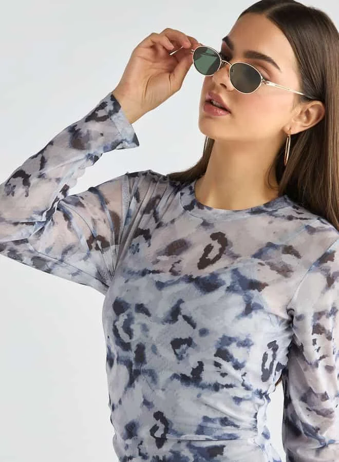 Splash FAV Printed Bodycon Dress with Long Sleeves and Slit Detail