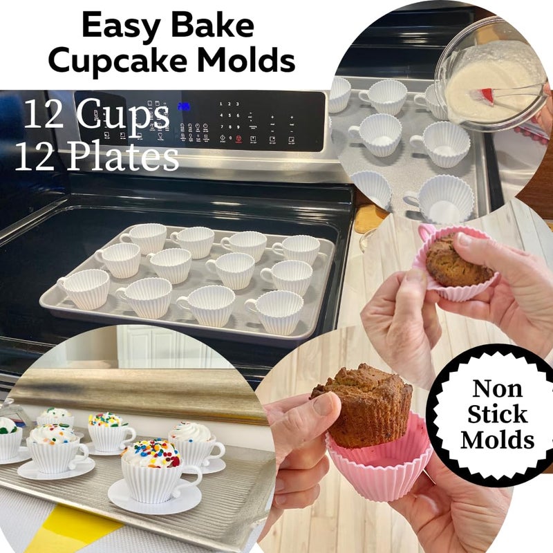 Evelots Baking Cupcake Molds - Silicone Teacup Set - 24 Pc Set - Oven-Safe - Nonstick - Muffin Cups for Bridal/Baby Shower, Birthday/Tea Party - 12 Cups & 12 Saucers - BPA Free - Image 2