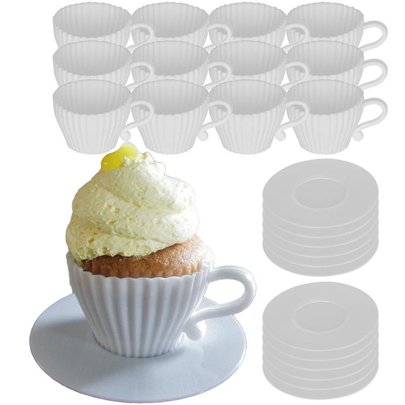 Evelots Baking Cupcake Molds - Silicone Teacup Set - 24 Pc Set - Oven-Safe - Nonstick - Muffin Cups for Bridal/Baby Shower, Birthday/Tea Party - 12 Cups & 12 Saucers - BPA Free - Image 1
