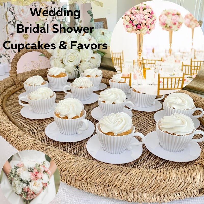 Evelots Baking Cupcake Molds - Silicone Teacup Set - 24 Pc Set - Oven-Safe - Nonstick - Muffin Cups for Bridal/Baby Shower, Birthday/Tea Party - 12 Cups & 12 Saucers - BPA Free - Image 5