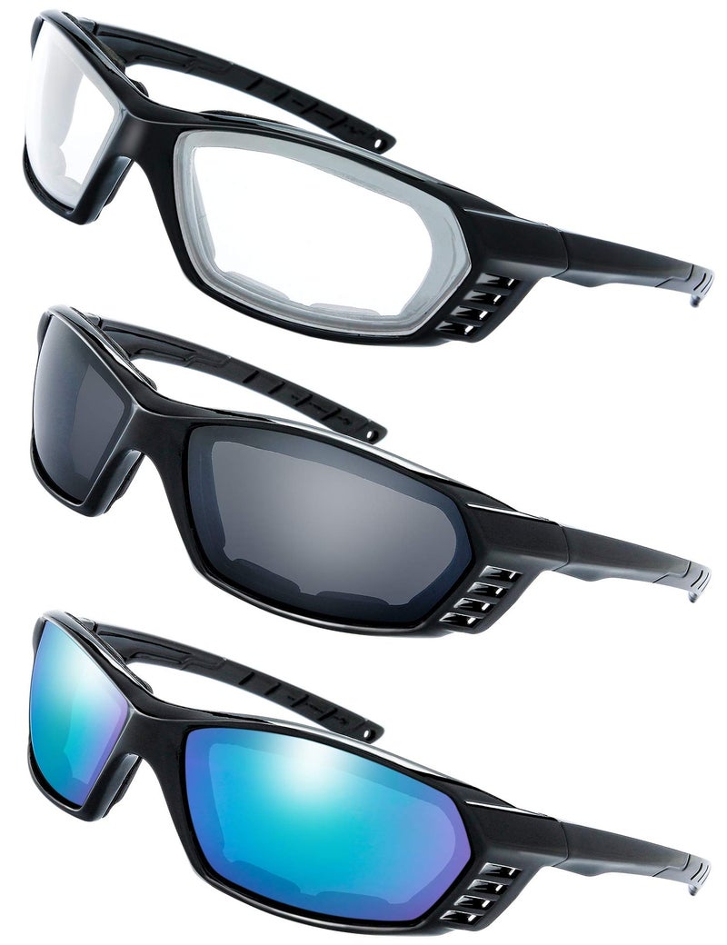 The Fresh Motorcycle Riding Glasses Padded Frame Lens Block 100% UVB for Outdoor Activity Sport (25-Shiny Black, Clear, Grey, & Green Mirror) - Image 1