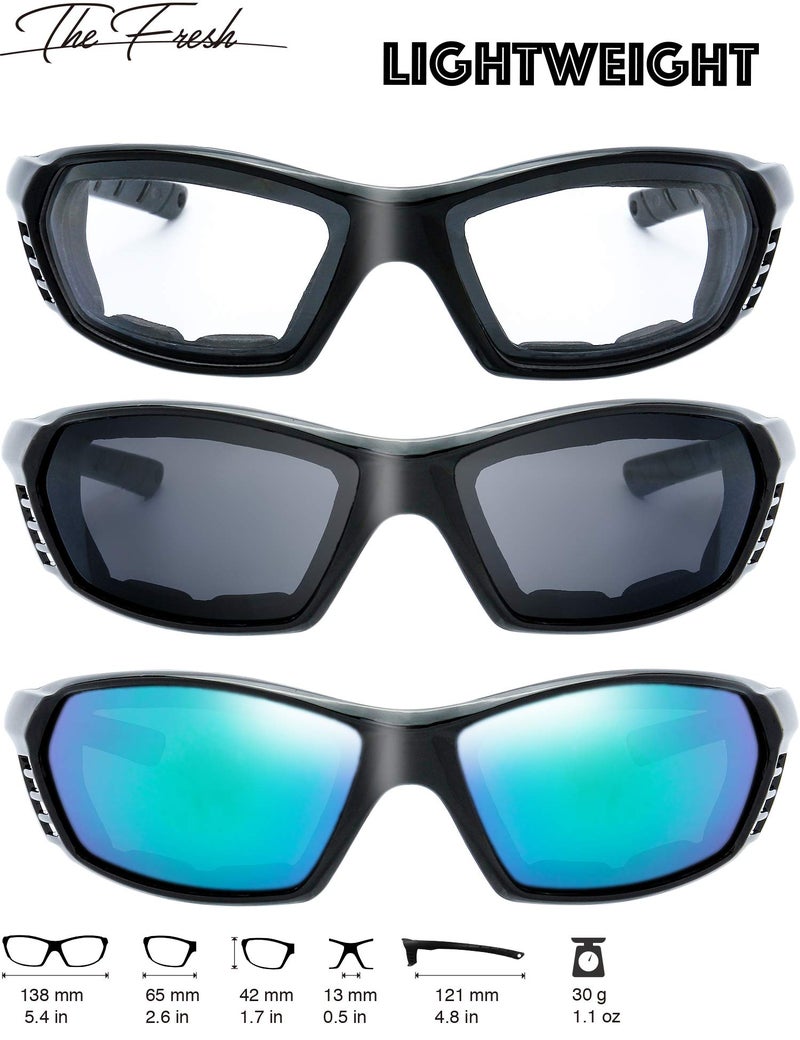 The Fresh Motorcycle Riding Glasses Padded Frame Lens Block 100% UVB for Outdoor Activity Sport (25-Shiny Black, Clear, Grey, & Green Mirror) - Image 2