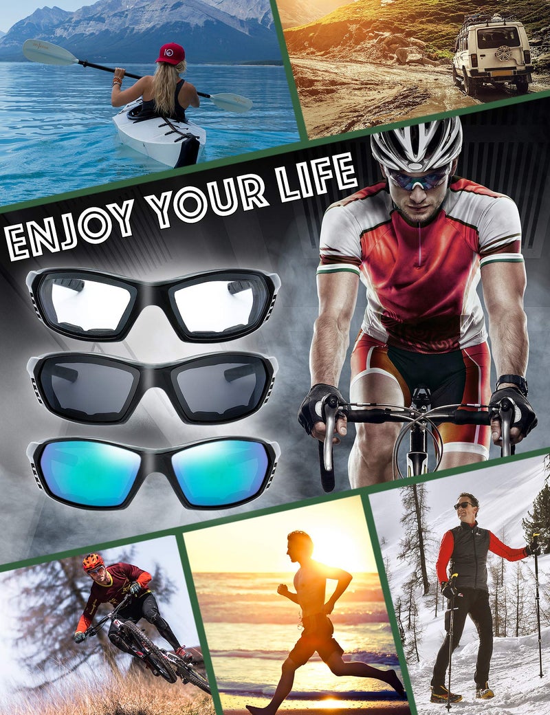 The Fresh Motorcycle Riding Glasses Padded Frame Lens Block 100% UVB for Outdoor Activity Sport (25-Shiny Black, Clear, Grey, & Green Mirror) - Image 3
