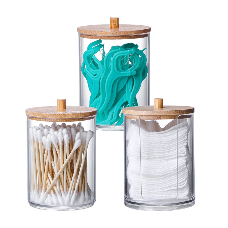 MKLZ 3 Pcs Qtip Holder and Cotton Round Pad Dispenser with Bamboo Lid Small Clear Acrylic Containers for Cotton Swabball Apothecary Jars Set for BathroomRestroomVanityMakeup Storage Organizer