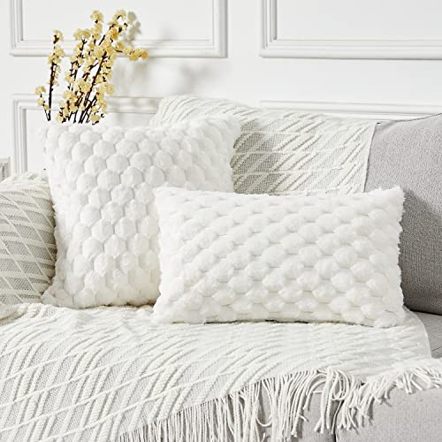 Yaertun Pack of 2 Super Soft Cozy Lumbar Decorative Throw Pillow Covers Fuzzy Plush Faux Fur Luxury Cushion Cover Pillowcase for Sofa Couch Bed Livingroom 12x20 Inch White - Image 3