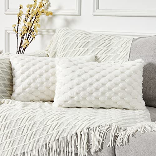Yaertun Pack of 2 Super Soft Cozy Lumbar Decorative Throw Pillow Covers Fuzzy Plush Faux Fur Luxury Cushion Cover Pillowcase for Sofa Couch Bed Livingroom 12x20 Inch White - Image 1