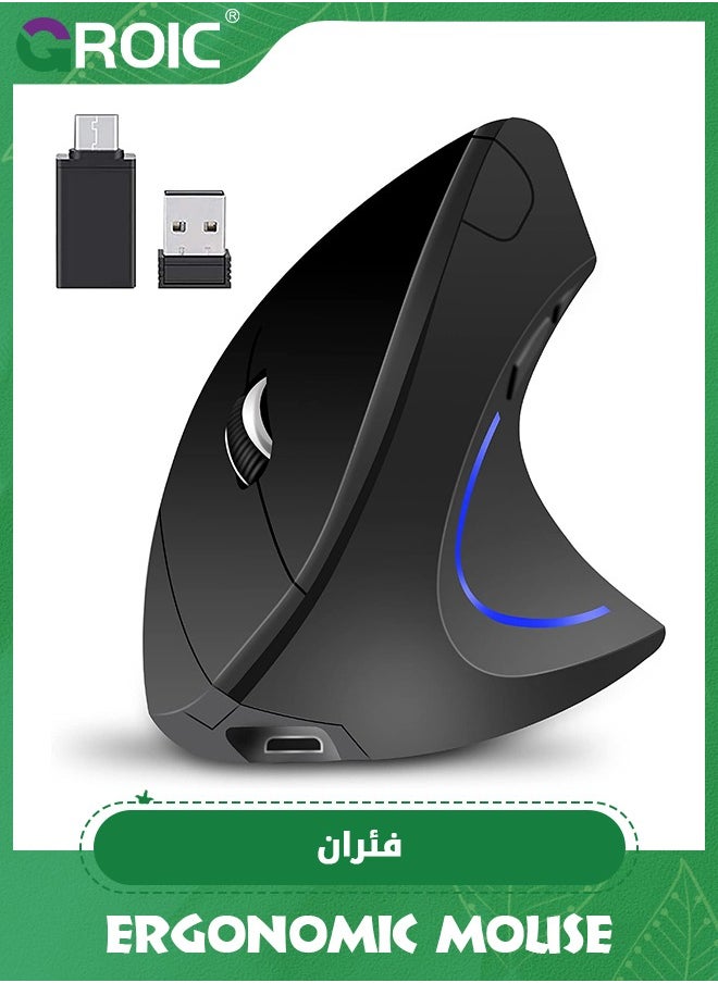 GROIC Wireless Bluetooth Mouse, Black Ergonomic Mouse, 2400 DPI Wireless Vertical Mouse with 3 Adjustable DPI Levels, 2.4GHz Optical Carpal Tunnel Mouse, 6 Buttons Wireless Mouse for Laptop, Desktop, PC, MacBook  - Image 1