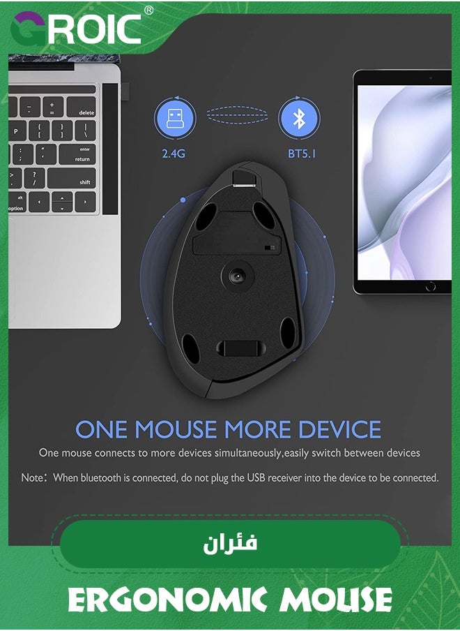 GROIC Wireless Bluetooth Mouse, Black Ergonomic Mouse, 2400 DPI Wireless Vertical Mouse with 3 Adjustable DPI Levels, 2.4GHz Optical Carpal Tunnel Mouse, 6 Buttons Wireless Mouse for Laptop, Desktop, PC, MacBook  - Image 3