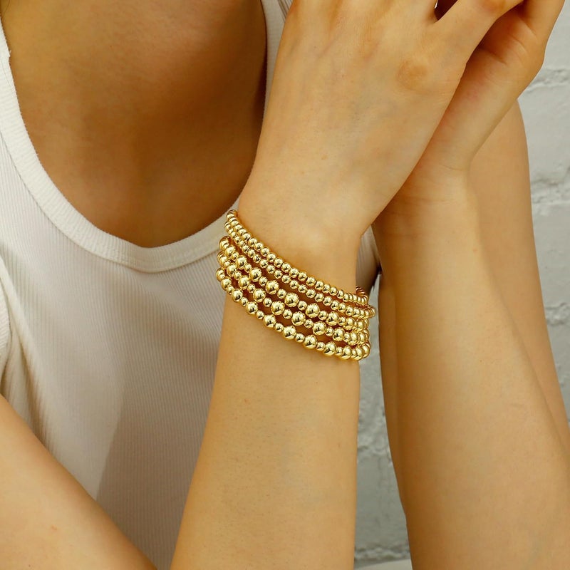 Badu Gold Plate Bead Bracelet for Women 14K Gold Plated Bead Ball Bracelet Stretchable Elastic Hypoallergenic Bohemian Stackable - Image 5