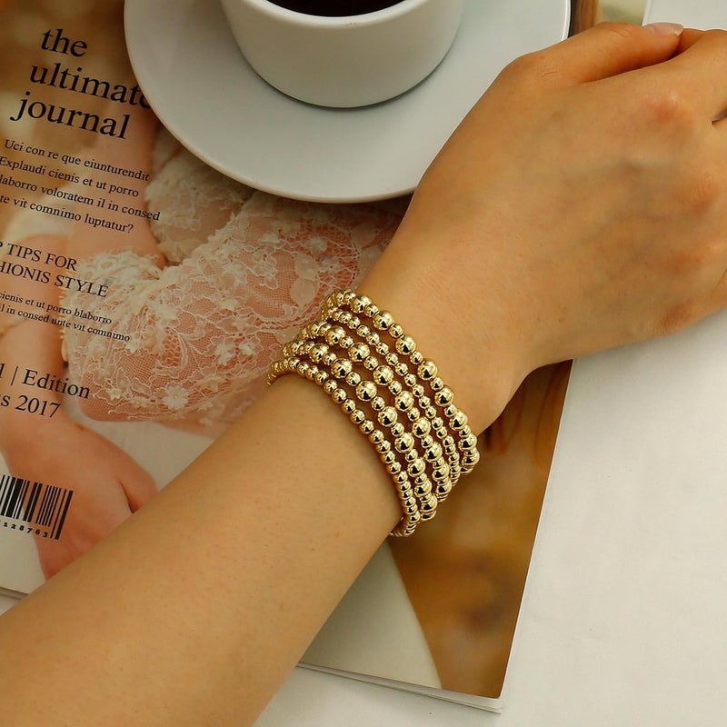 Badu Gold Plate Bead Bracelet for Women 14K Gold Plated Bead Ball Bracelet Stretchable Elastic Hypoallergenic Bohemian Stackable - Image 4