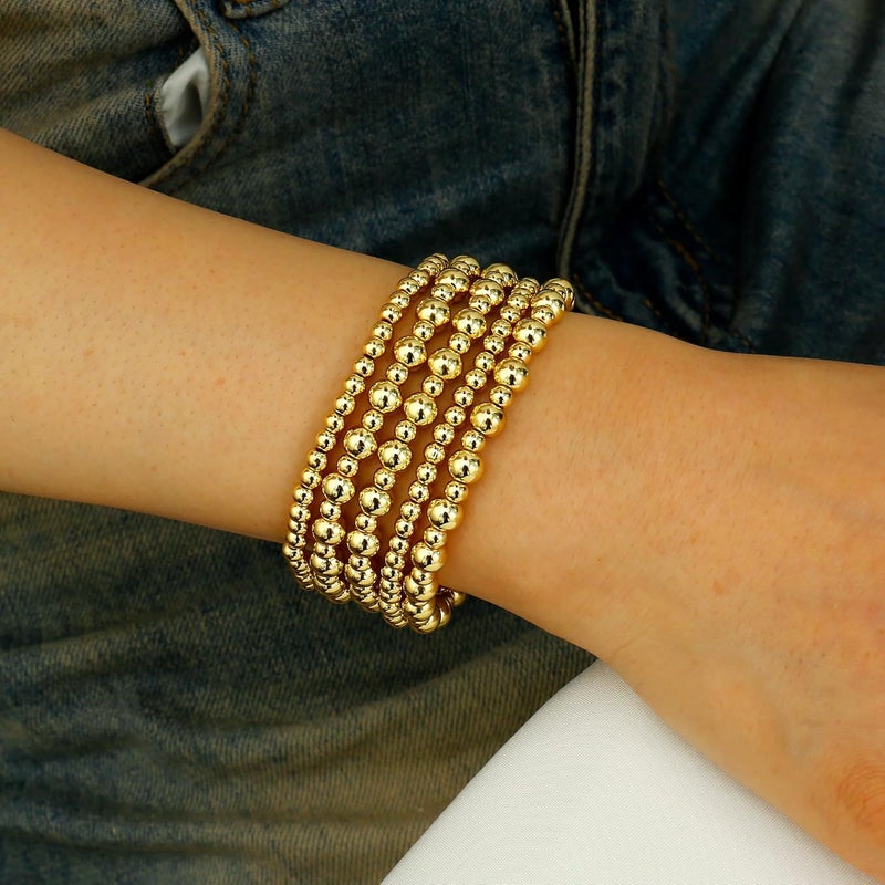 Badu Gold Plate Bead Bracelet for Women 14K Gold Plated Bead Ball Bracelet Stretchable Elastic Hypoallergenic Bohemian Stackable - Image 3