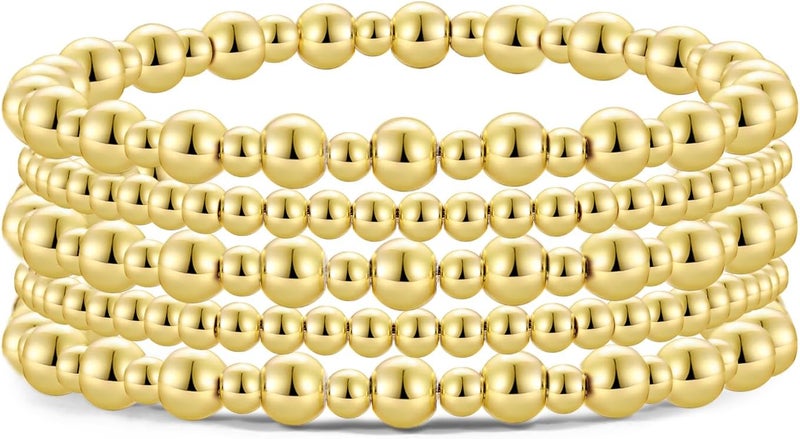 Badu Gold Plate Bead Bracelet for Women 14K Gold Plated Bead Ball Bracelet Stretchable Elastic Hypoallergenic Bohemian Stackable - Image 1