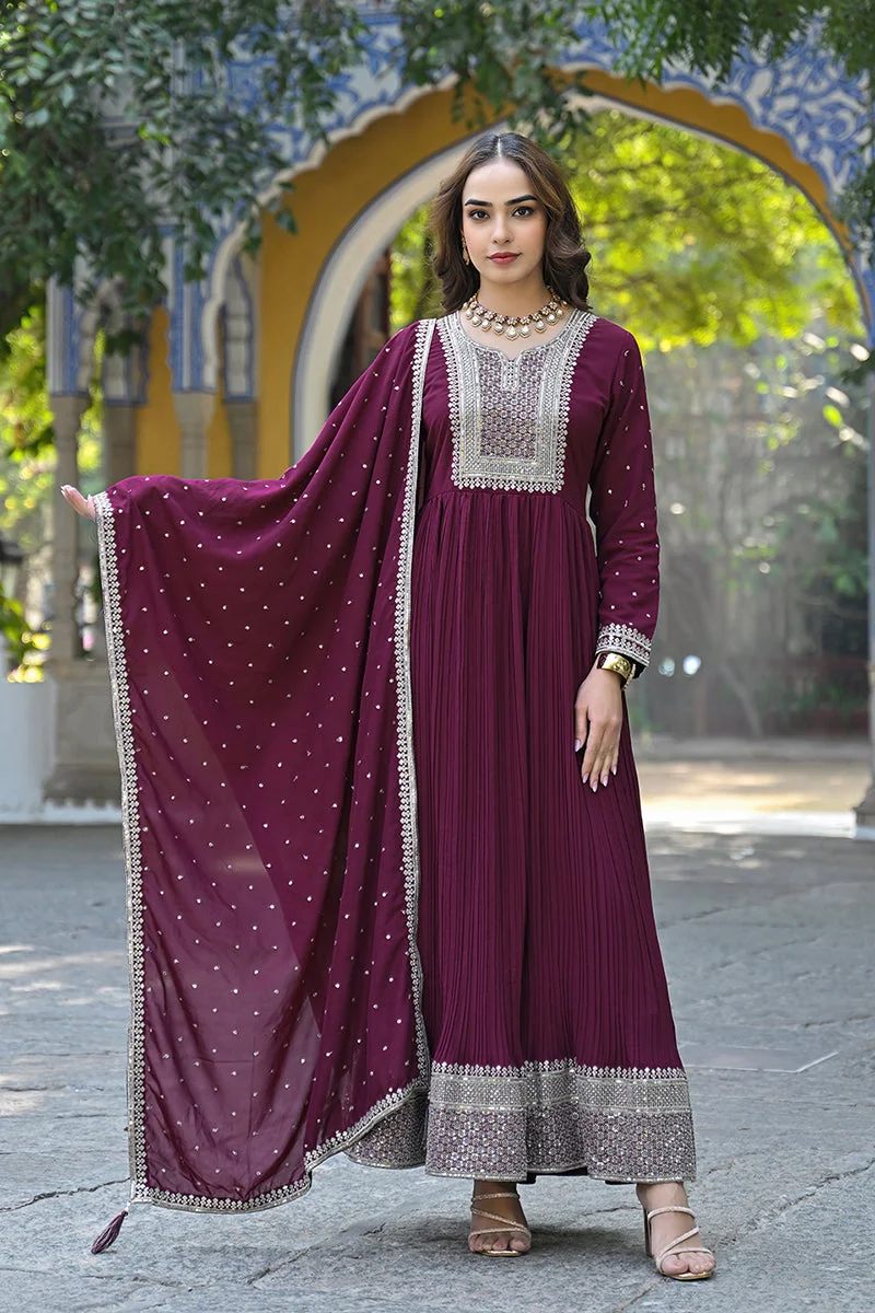 ZERESOUQ  Magenta Georgette Solid Yoke Design 2-Piece Anarkali Set for Women | Best Price UAE