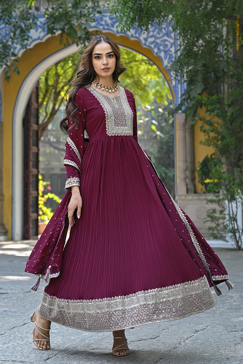 ZERESOUQ  Magenta Georgette Solid Yoke Design 2-Piece Anarkali Set for Women | Best Price UAE