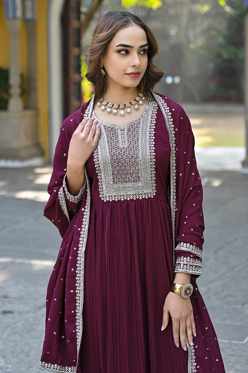 ZERESOUQ  Magenta Georgette Solid Yoke Design 2-Piece Anarkali Set for Women | Best Price UAE