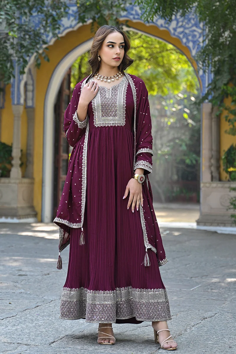 ZERESOUQ  Magenta Georgette Solid Yoke Design 2-Piece Anarkali Set for Women | Best Price UAE