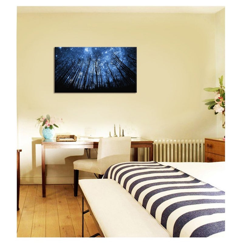 Visual Art Decor Blue Starry Night Forest Tree Silhouette Canvas Wall Art Nature Scenery Picture Prints Home Office Wall Decoration Modern Contemporary Art - Image 4