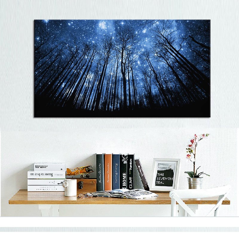 Visual Art Decor Blue Starry Night Forest Tree Silhouette Canvas Wall Art Nature Scenery Picture Prints Home Office Wall Decoration Modern Contemporary Art - Image 2