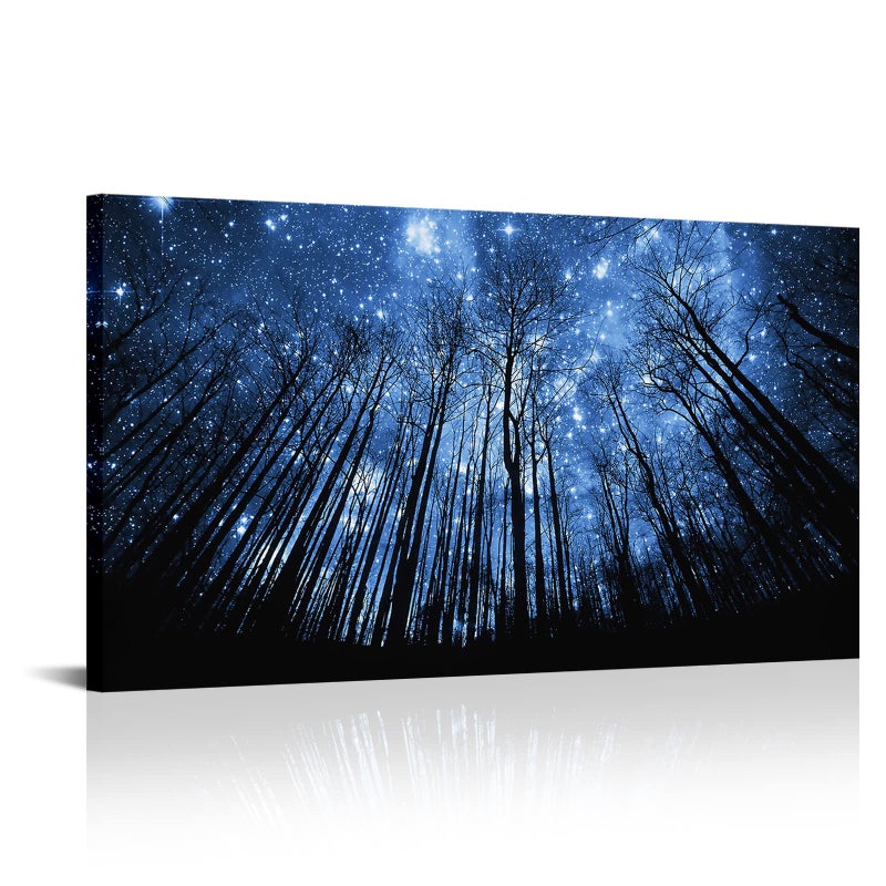 Visual Art Decor Blue Starry Night Forest Tree Silhouette Canvas Wall Art Nature Scenery Picture Prints Home Office Wall Decoration Modern Contemporary Art - Image 1