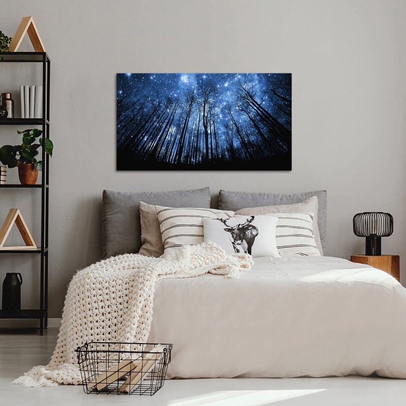 Visual Art Decor Blue Starry Night Forest Tree Silhouette Canvas Wall Art Nature Scenery Picture Prints Home Office Wall Decoration Modern Contemporary Art - Image 3
