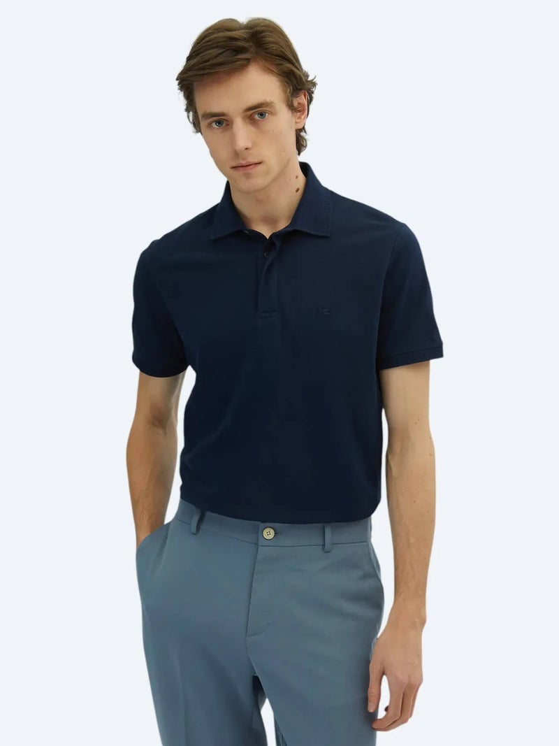 Kip Navy Blue Plain Polo Neck 100% Cotton T-Shirt - Image 1