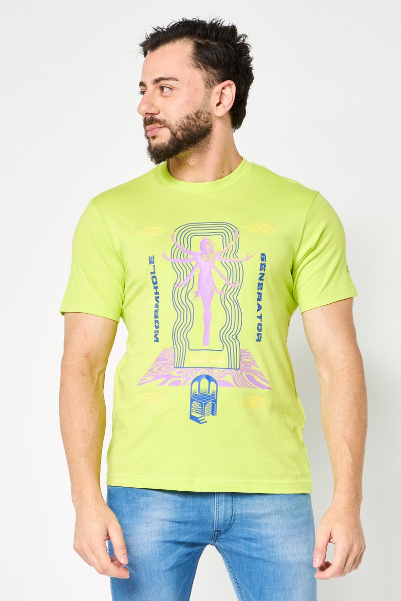 Replay Men Crew Neck Short Sleeve Graphic Print T-Shirt, Lime Green - Image 1