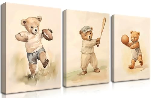 BGFCE Bear Rugby Sports Nursery Canvas Wall Art Set of 3 - Cute Vintage Baby Bear Pictures Paintings Poster Prints, Nursery Animal Wall Decor for Children Bedroom Boy Room Decoration 12x16 inch Framed - Image 1