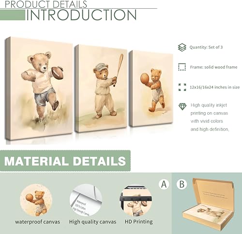 BGFCE Bear Rugby Sports Nursery Canvas Wall Art Set of 3 - Cute Vintage Baby Bear Pictures Paintings Poster Prints, Nursery Animal Wall Decor for Children Bedroom Boy Room Decoration 12x16 inch Framed - Image 5