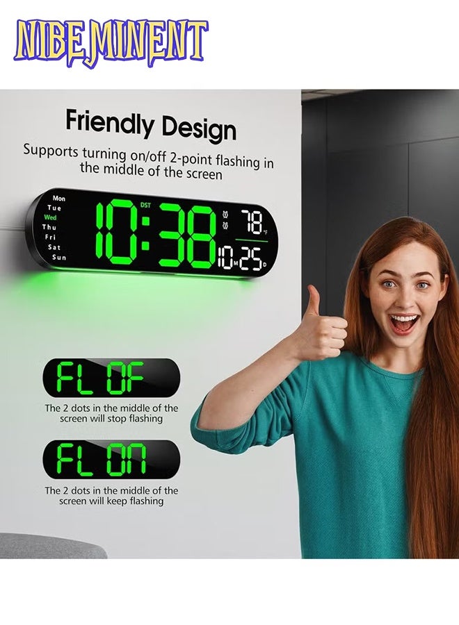 NIBEMINENT ساعة رقمية LED، ساعة حائط رقمية مع جهاز تحكم عن بعد، أضواء جو RGB مع 8 ألوان ليلية قابلة للتعديل، إنذارات مزدوجة، درجة حرارة للغرفة (أخضر) - Image 2