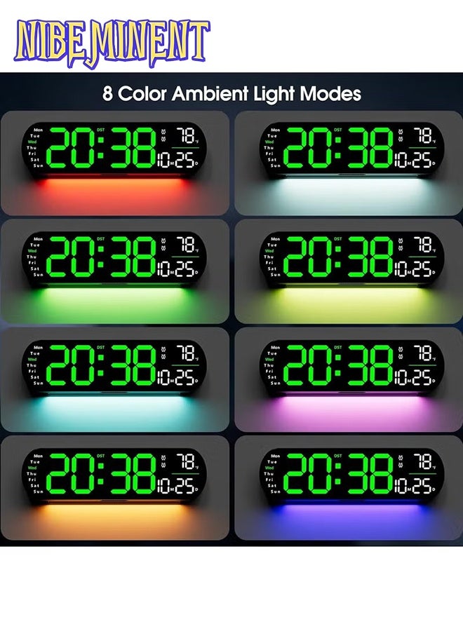 NIBEMINENT ساعة رقمية LED، ساعة حائط رقمية مع جهاز تحكم عن بعد، أضواء جو RGB مع 8 ألوان ليلية قابلة للتعديل، إنذارات مزدوجة، درجة حرارة للغرفة (أخضر) - Image 3