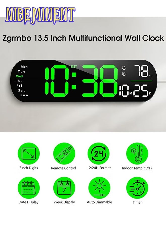 NIBEMINENT ساعة رقمية LED، ساعة حائط رقمية مع جهاز تحكم عن بعد، أضواء جو RGB مع 8 ألوان ليلية قابلة للتعديل، إنذارات مزدوجة، درجة حرارة للغرفة (أخضر) - Image 5
