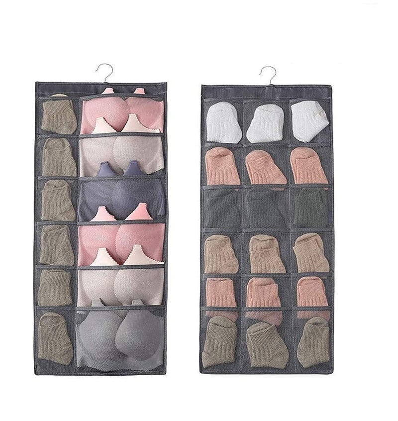 UNICRAFTS Hanging Wardrobe Organizer with 30 Pockets and Hanger Wall Shelf Storage Organizers for Storing Stocking Bra Socks Travel Accessories Dual Side Non Woven Grey Set of 1 - Image 1