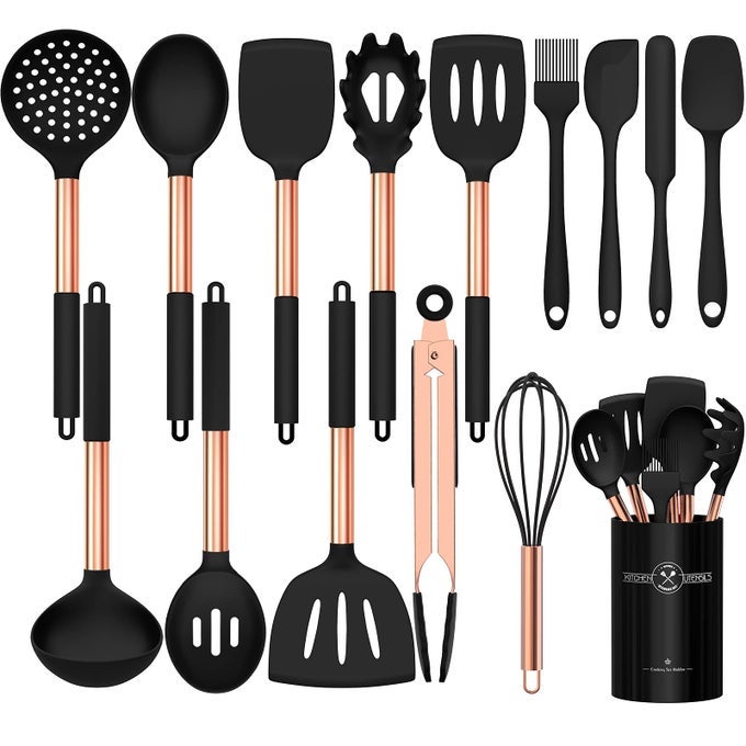 SILICONE COOKING UTENSIL SET KITCHEN UTENSILS 15PCS COOKING UTENSILS SET NONSTICK SILICONE ROSE GOLD HANDLE COOKING TOOLS WHISK KITCHEN TOOLS SET BALCK