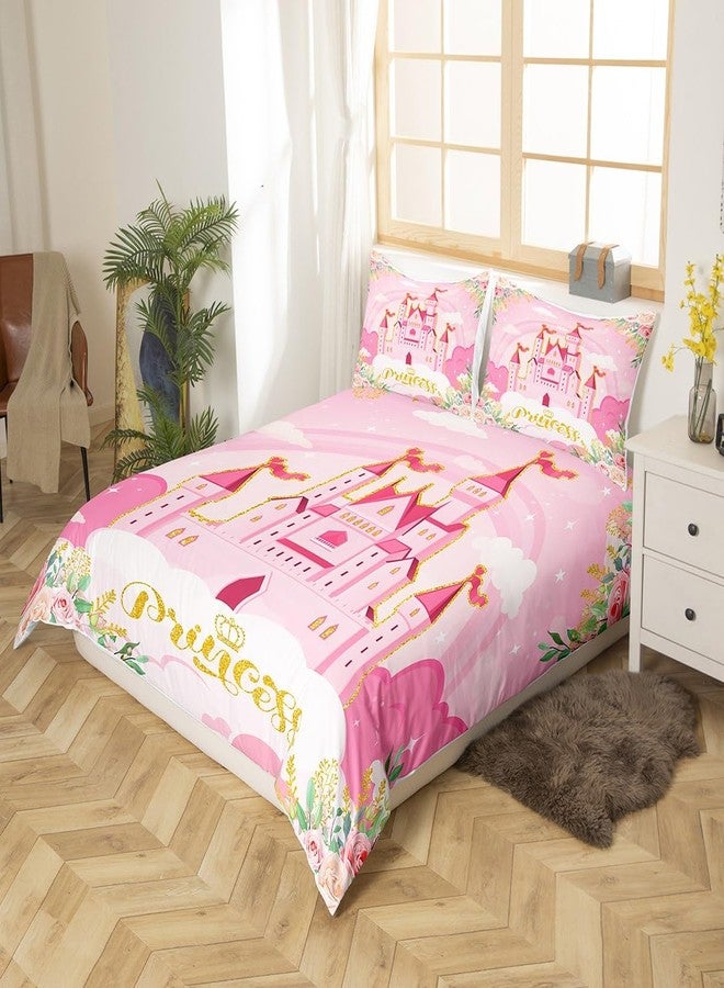 Man Fei Manfei Princess Twin Bedding Sets for Girls,Pink Castle Dreamy Comforter Cover Kids Bedroom Decor,Flowers Bed Set,Fairy Tale Theme Duvet Cover Cute Blanket,Gifts for Girl,No Comforter - Image 2