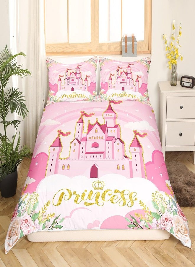 Man Fei Manfei Princess Twin Bedding Sets for Girls,Pink Castle Dreamy Comforter Cover Kids Bedroom Decor,Flowers Bed Set,Fairy Tale Theme Duvet Cover Cute Blanket,Gifts for Girl,No Comforter - Image 3