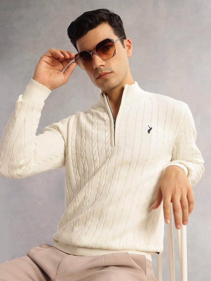 Thomas Scott Men's | Regular Fit | Long Sleeves | Mock Collar | 100% Cotton | Dry Clean | Cable Knit | Knitted | Pullover Sweater (TSFK27_White_L) - Image 2