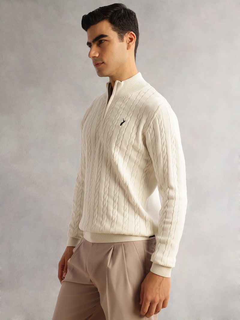 Thomas Scott Men's | Regular Fit | Long Sleeves | Mock Collar | 100% Cotton | Dry Clean | Cable Knit | Knitted | Pullover Sweater (TSFK27_White_L) - Image 3