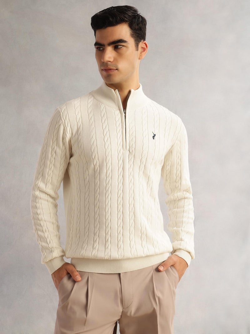 Thomas Scott Men's | Regular Fit | Long Sleeves | Mock Collar | 100% Cotton | Dry Clean | Cable Knit | Knitted | Pullover Sweater (TSFK27_White_L) - Image 5