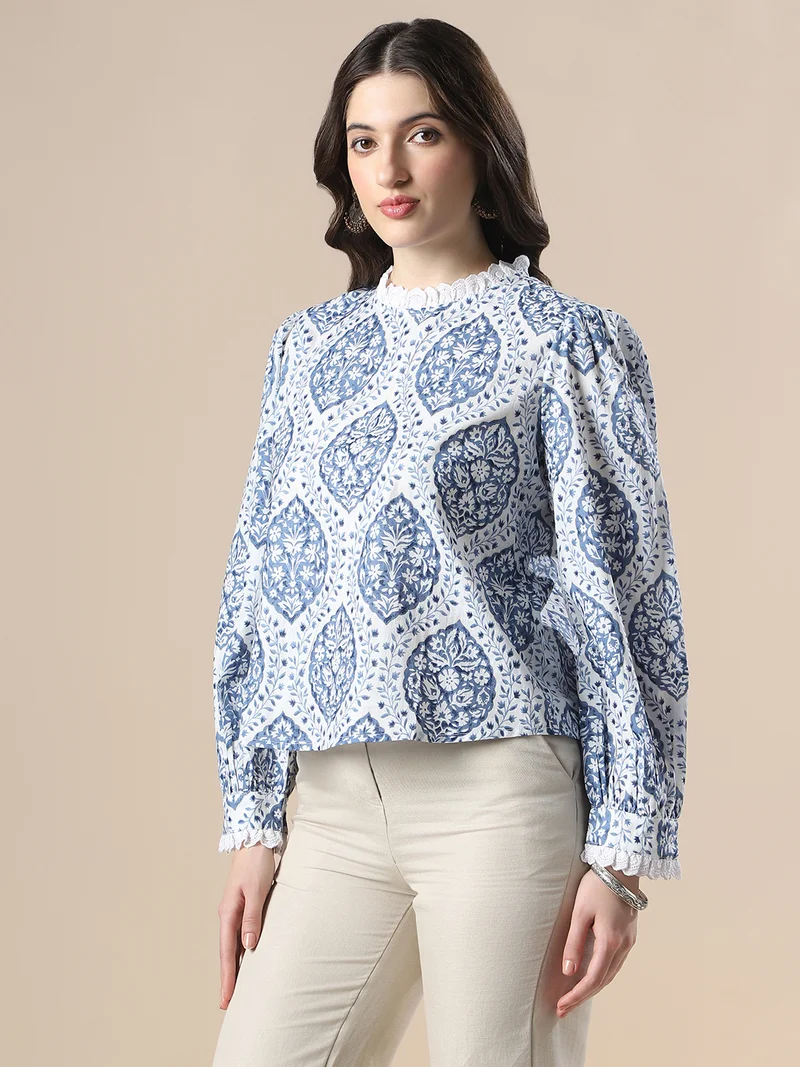 globus Globus Women Blue All Over Floral Print Bishop Sleeves High Neck Lace Detail Party Top