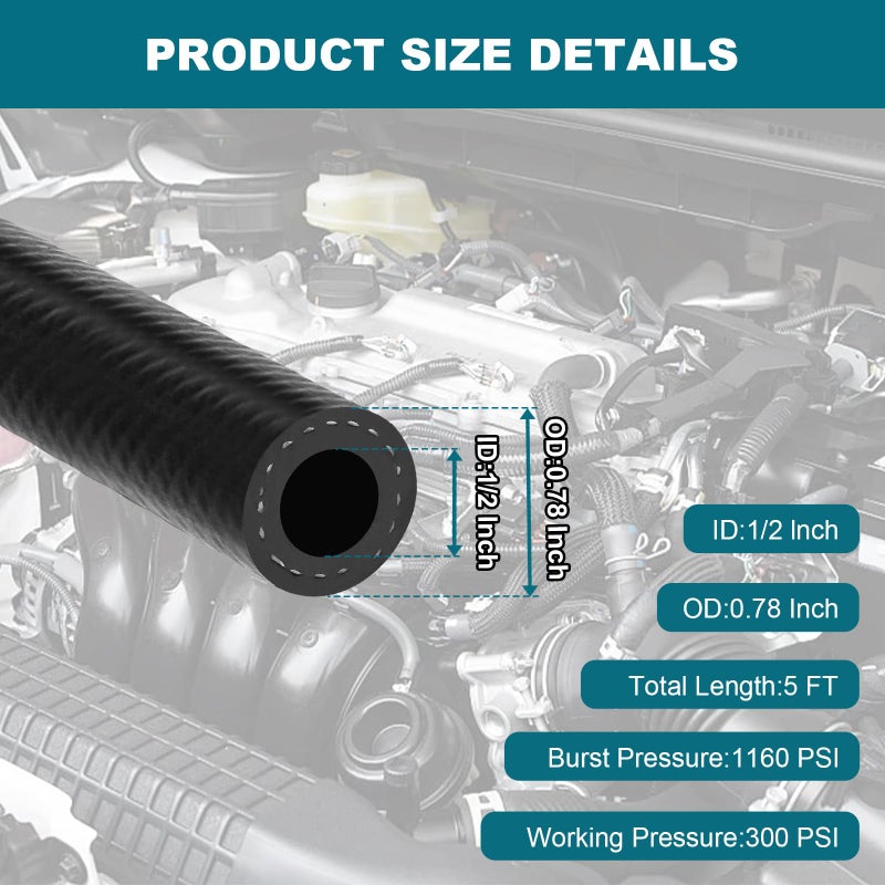 Eunice 12 Inch 13mm ID Fuel Line Hose 5 FT 300PSI Push Lock NBR Rubber Hose for Automotive - Image 4
