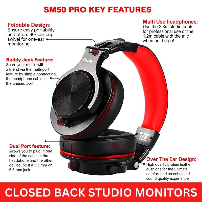 CLAW SM50 PRO Professional Studio Monitoring DJ Wired Headphone with Protein Leather Cushions | 2 Detachable Cables (2.8m Coiled & 1.2m Straight Cable with Mic and in Line Control) Black and Red - Image 5