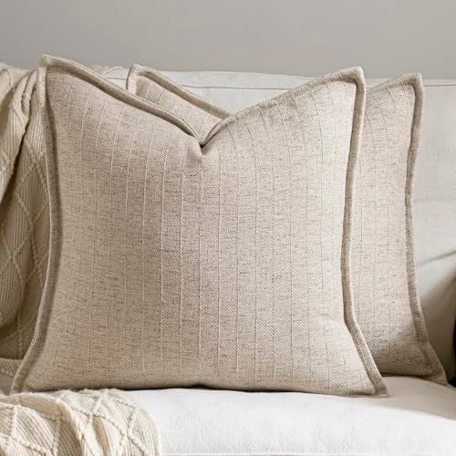 DEZENE 24x24 Linen Pillow Covers Natural Beige Pack of 2 Farmhouse Boho Neutral Accents Striped Textured Square Decorative Throw Pillow Cases for Living Room Couch Bed Home Decor - Image 1