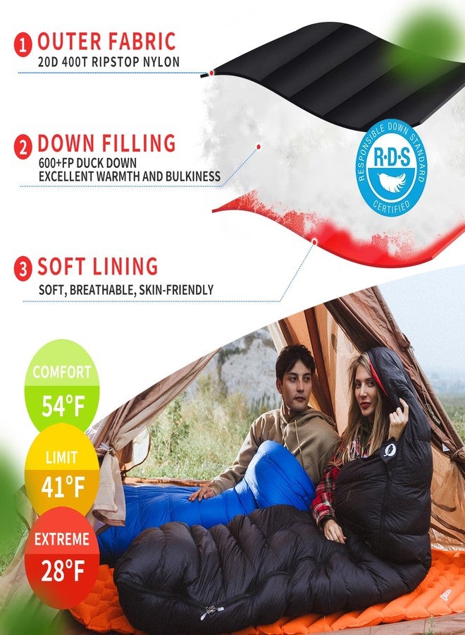 QEZER Down Sleeping Bag for Adults 600 Fill Power Down Sleeping Bag Cold Weather Ultralight Sleeping Bag with Compression Sack for Backpacking, Camping, Hiking (500g Down Filling-Black-Right Zip) - Image 3