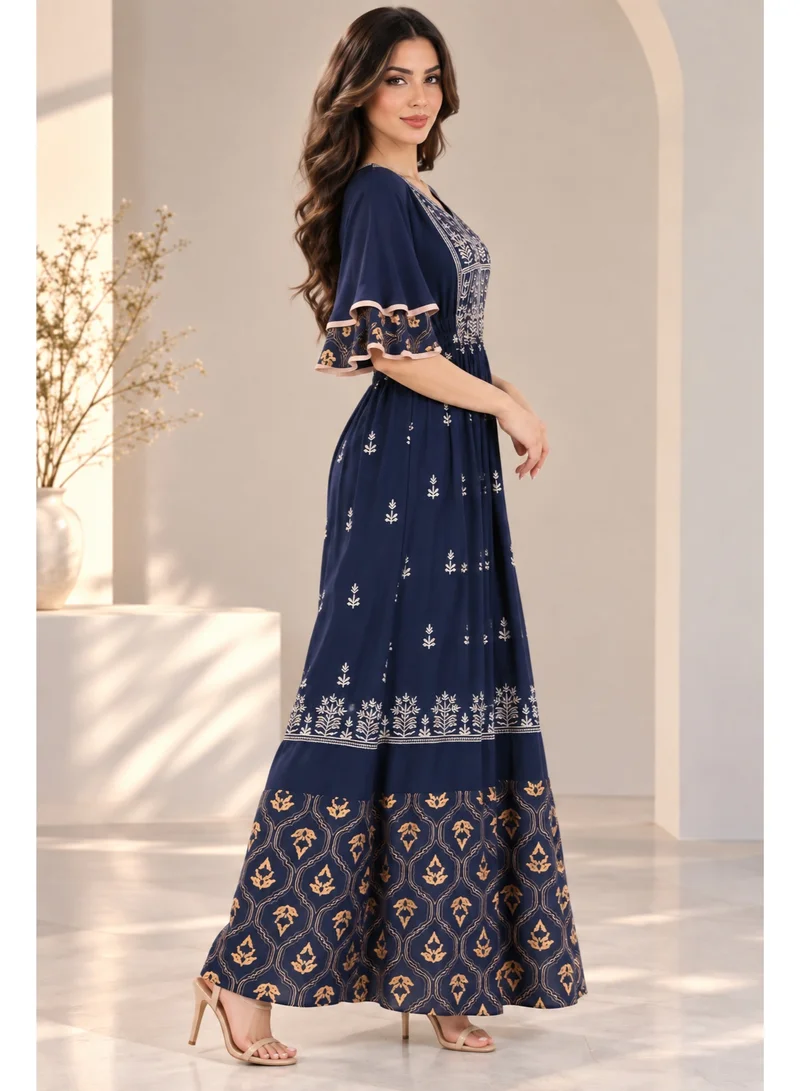 NinEx Women Embroidered Jalabiya Dress, Rayon Fabric, Modern  Arabic Design ,bell sleeeves and empire waist-RY-184-1-406C